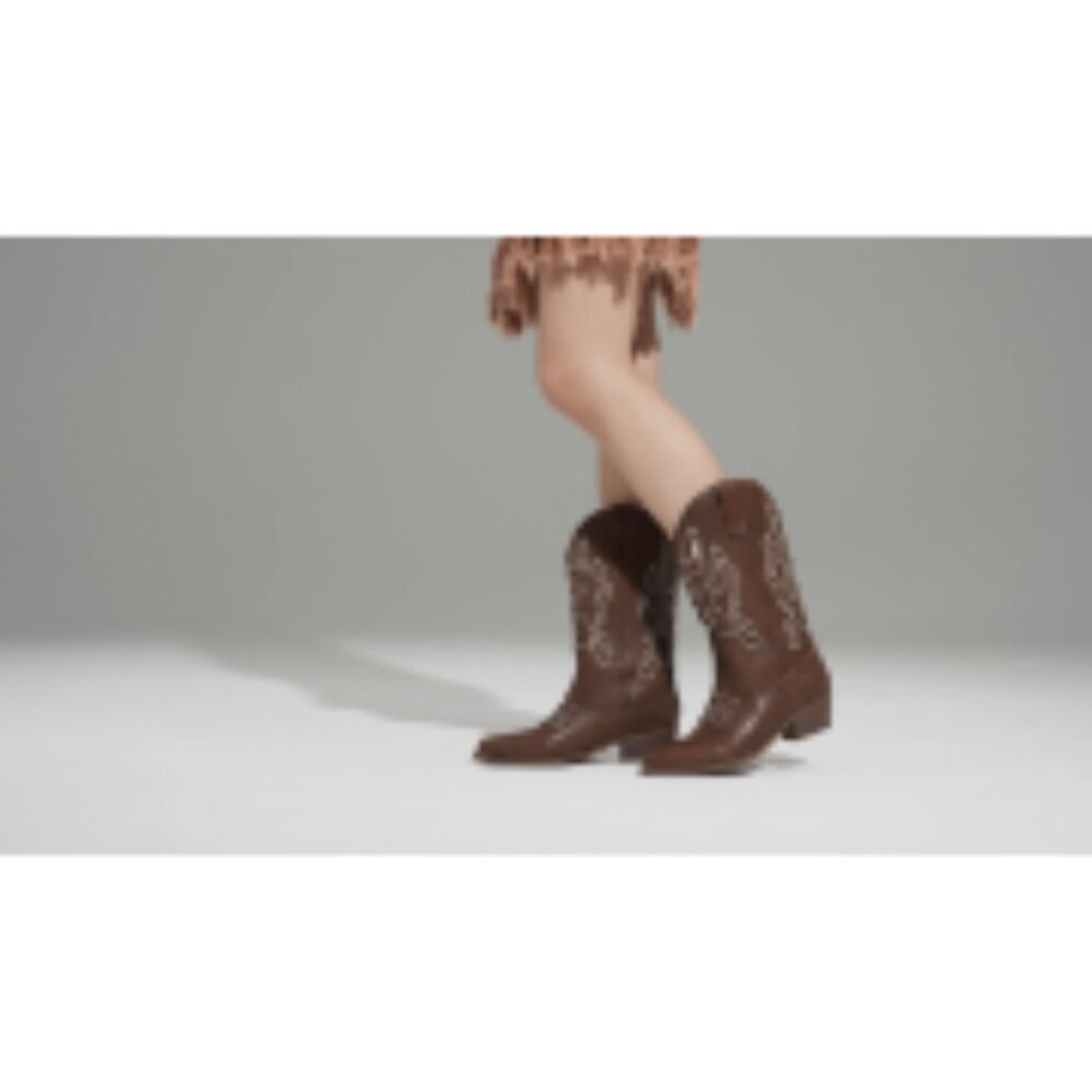 Women's Faux Leather Cowboy Boots with Embroidery Stitching - Picture 7 of 7